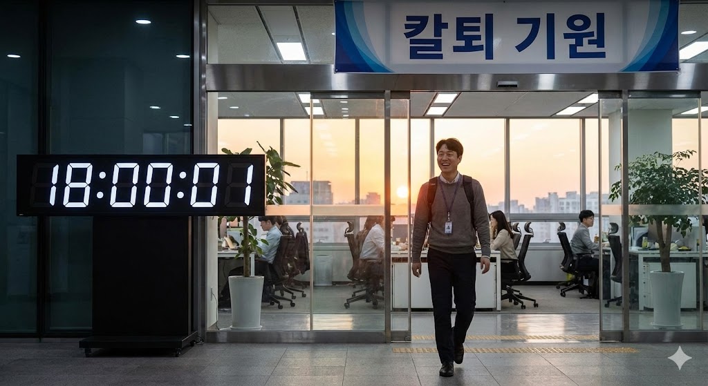 칼퇴 꿀팁을 활용해 정시 퇴근하는 직장인이 밝은 표정으로 사무실을 나서는 모습
