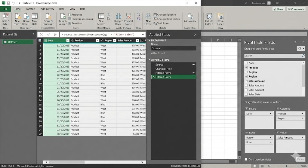 보고서 자동화를 위해 엑셀 파워쿼리로 데이터를 통합하는 설정 화면