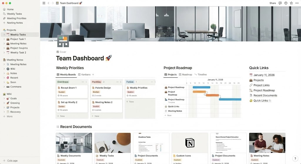 노션 템플릿으로 만든 업무 대시보드에서 프로젝트를 관리하는 화면