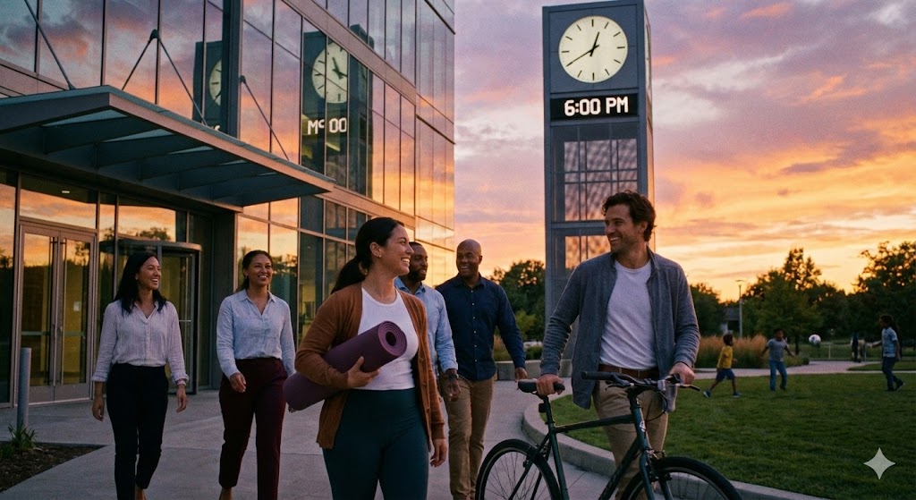 보고서 자동화로 칼퇴에 성공한 직장인이 석양을 배경으로 퇴근하는 모습
