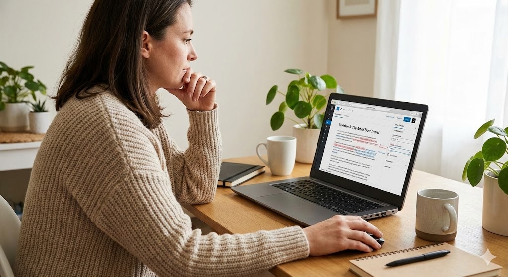 AI가 작성한 블로그 초안에 나만의 경험담을 추가하며 편집하는 장면