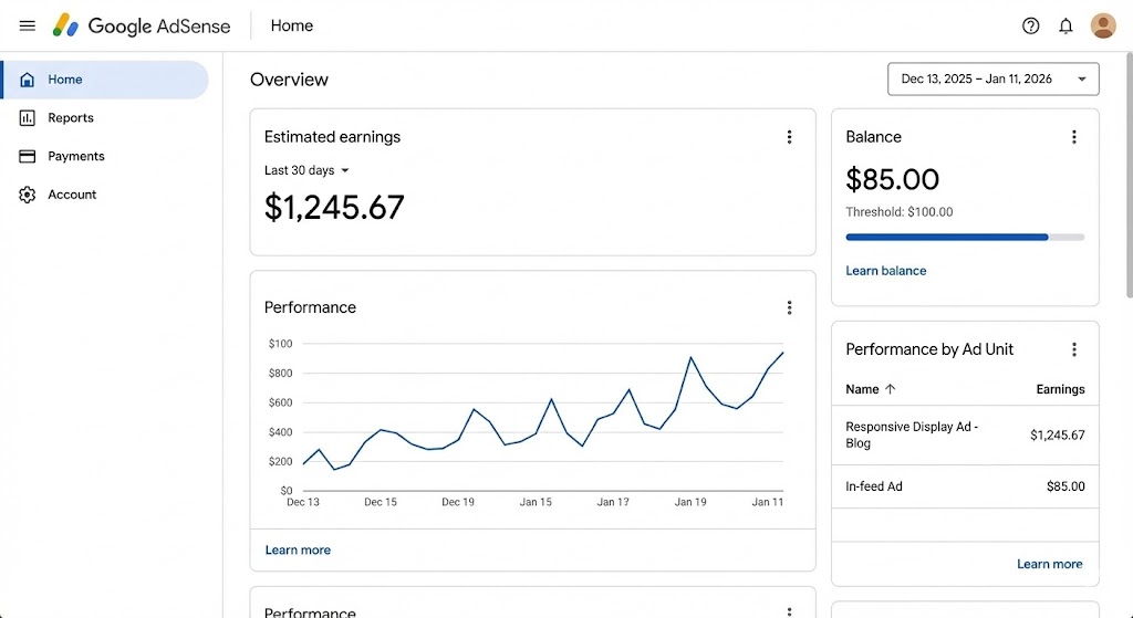 구글 애드센스 대시보드에서 블로그 부업 수익을 확인하는 화면